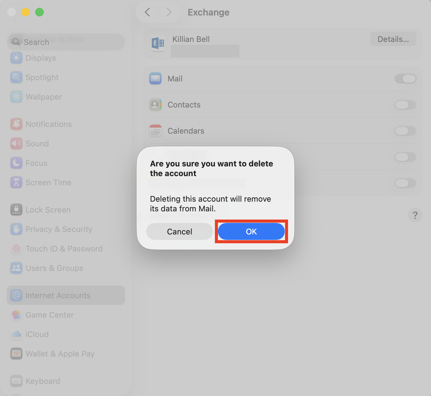 A System Settings confirmation prompt for deleting an Internet Account on Mac. Click OK to remove your Exchange account when you can't fix Exchange password required errors.