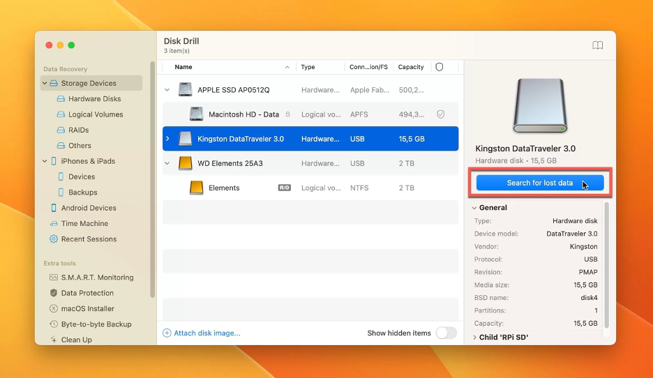 To use a recovery tool to find all files on a Mac, launch Disk Drill, select the drive where you last stored the file, and click Search for lost data.