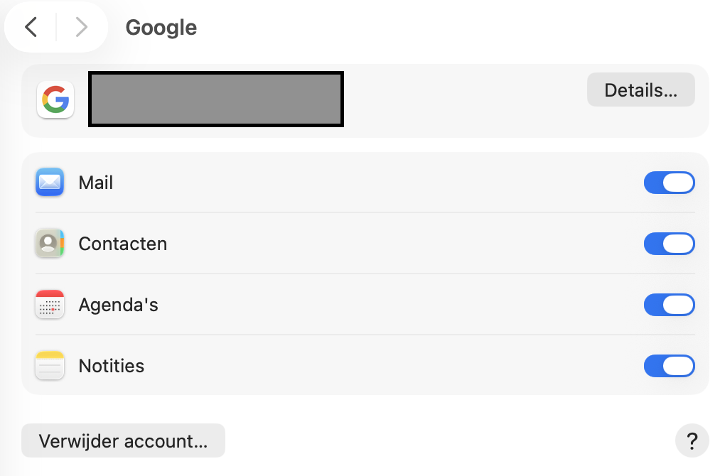 Zodra je op  Accounts klikt, word je doorgestuurd naar het accountbeheer in  Systeeminstellingen. Hier kun je het  e-mailadres selecteren dat je wilt verwijderen. Klik op Verwijder account en bevestig je keuze.
