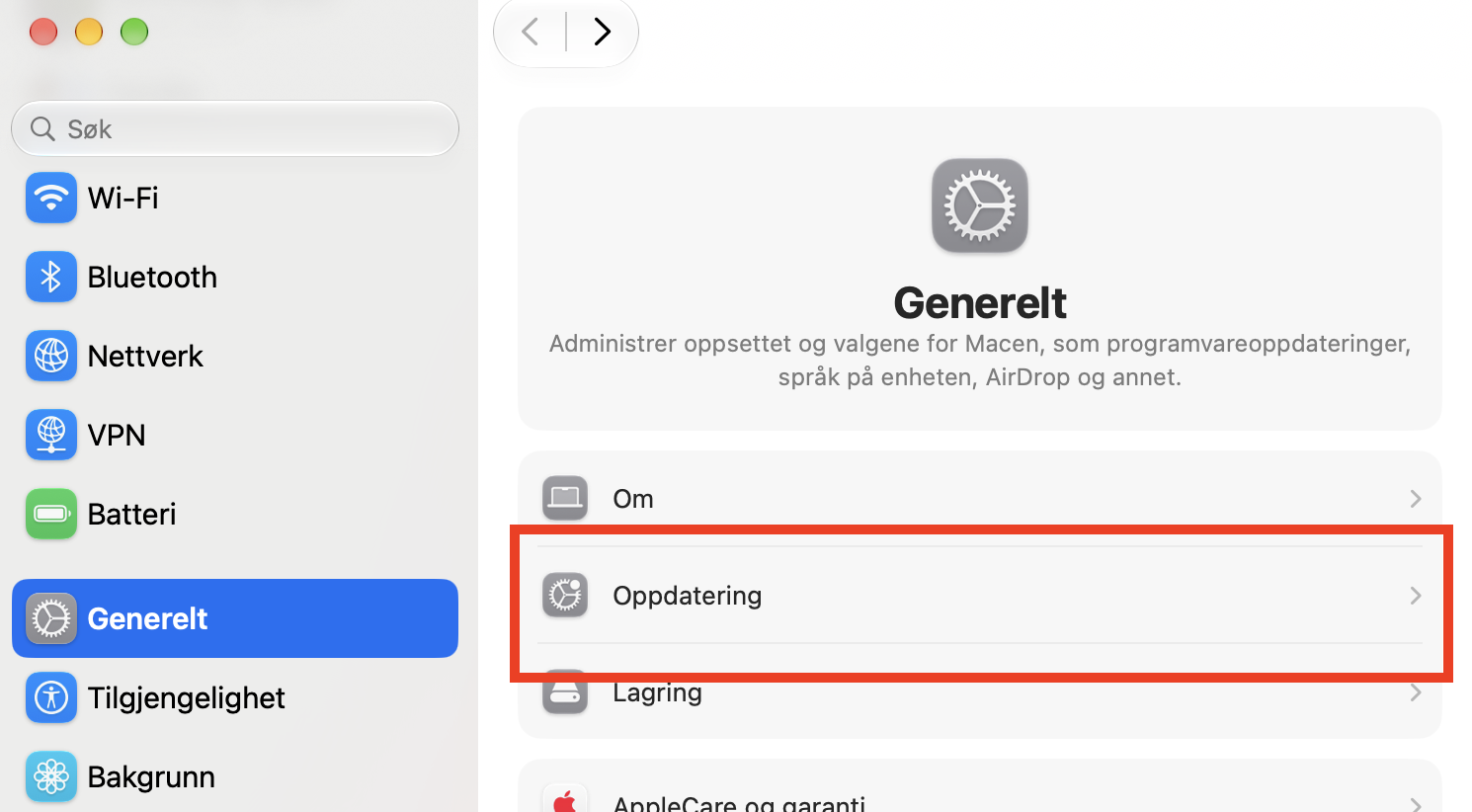 Du kan se om du har noen macOS-oppdateringer i Systeminnstillinger. Gå til området Generelt > Programvare for å sjekke om det finnes oppdateringer.