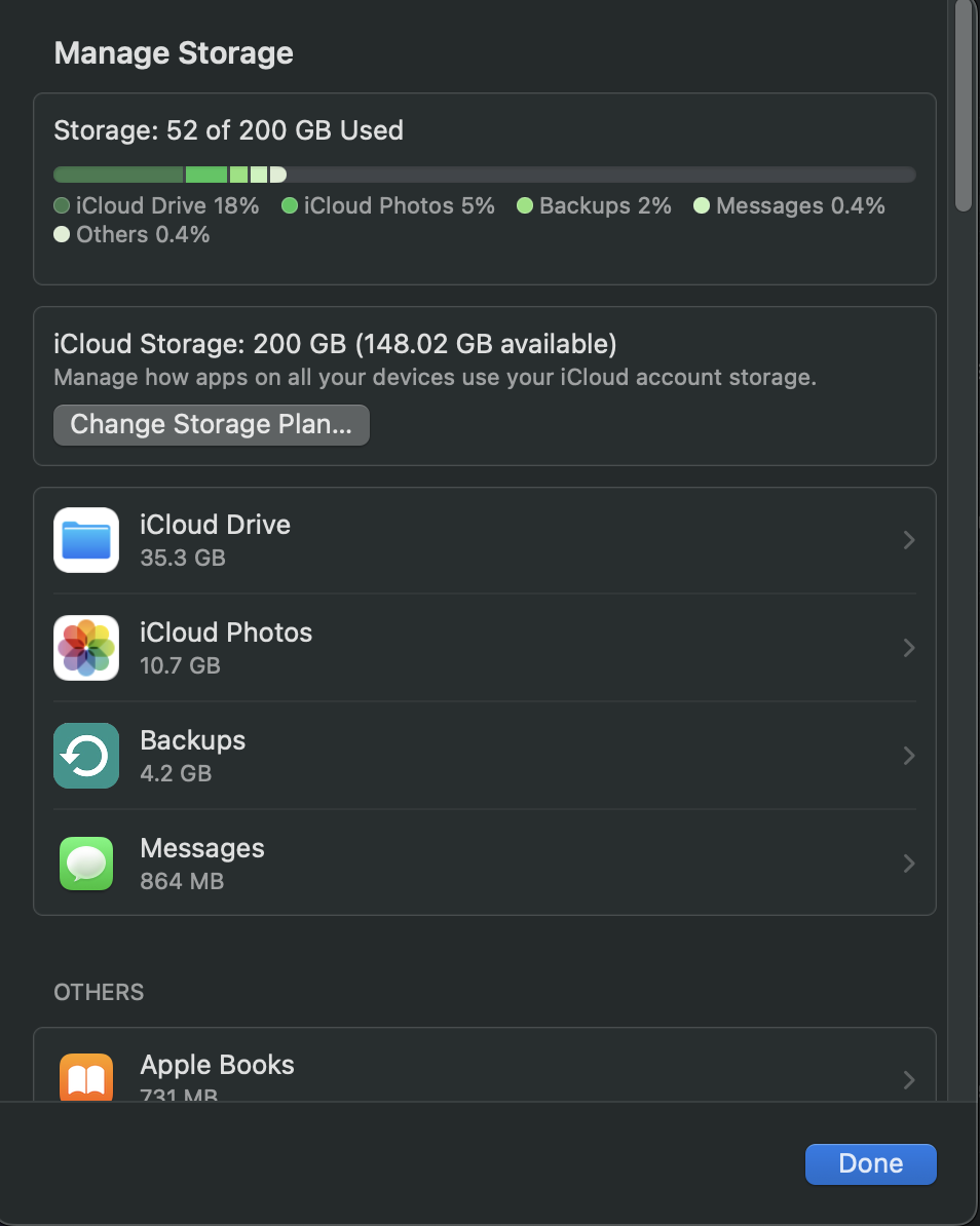 The user’s iCloud storage is displayed on a MacBook screen. Manage your storage to fix the Syncing with iCloud paused notification on a Mac.