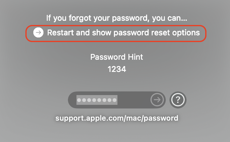 The macOS login screen on a Mac showing the highlighted Restart and show password reset options link after repeated wrong passwords.