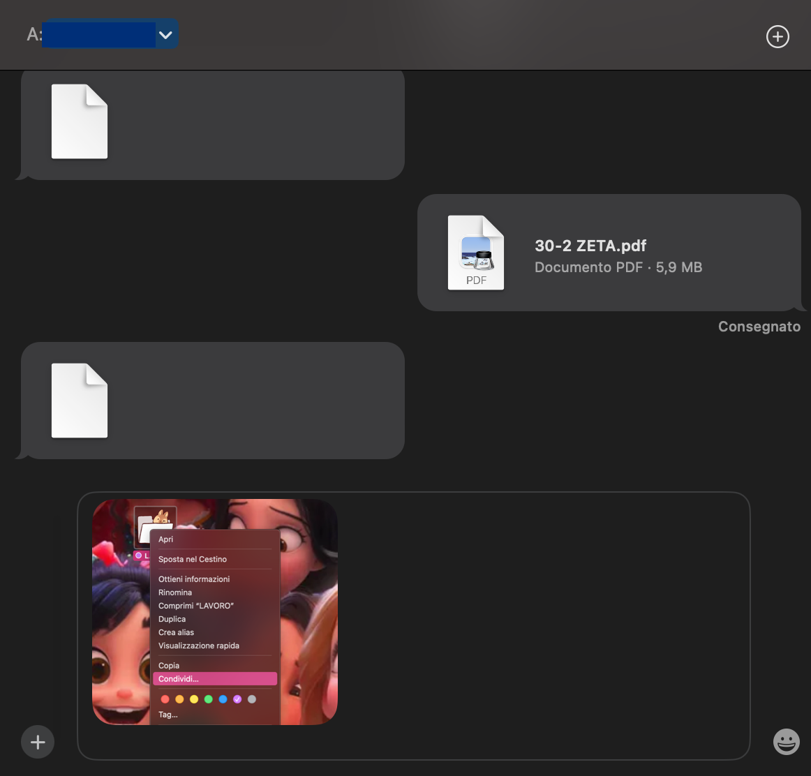 Messaggi su Mac mostra un file allegato. Inserisci l’email o il numero associato a iMessage, poi invia il file per trasferire dati da Mac a Mac usando iMessage.