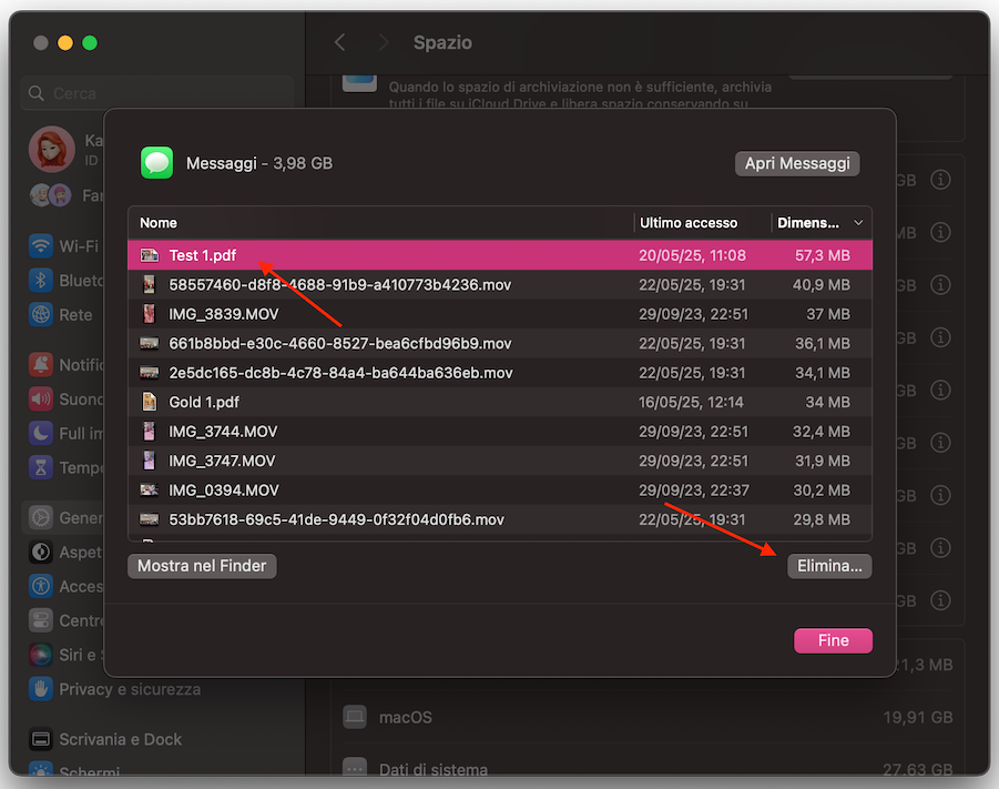 Il menu Spazio nelle Impostazioni di Sistema su Mac mostra lo strumento per eliminare i contenuti multimediali indesiderati nei Messaggi. Seleziona le foto e i video che non ti servono più, poi clicca su Elimina.