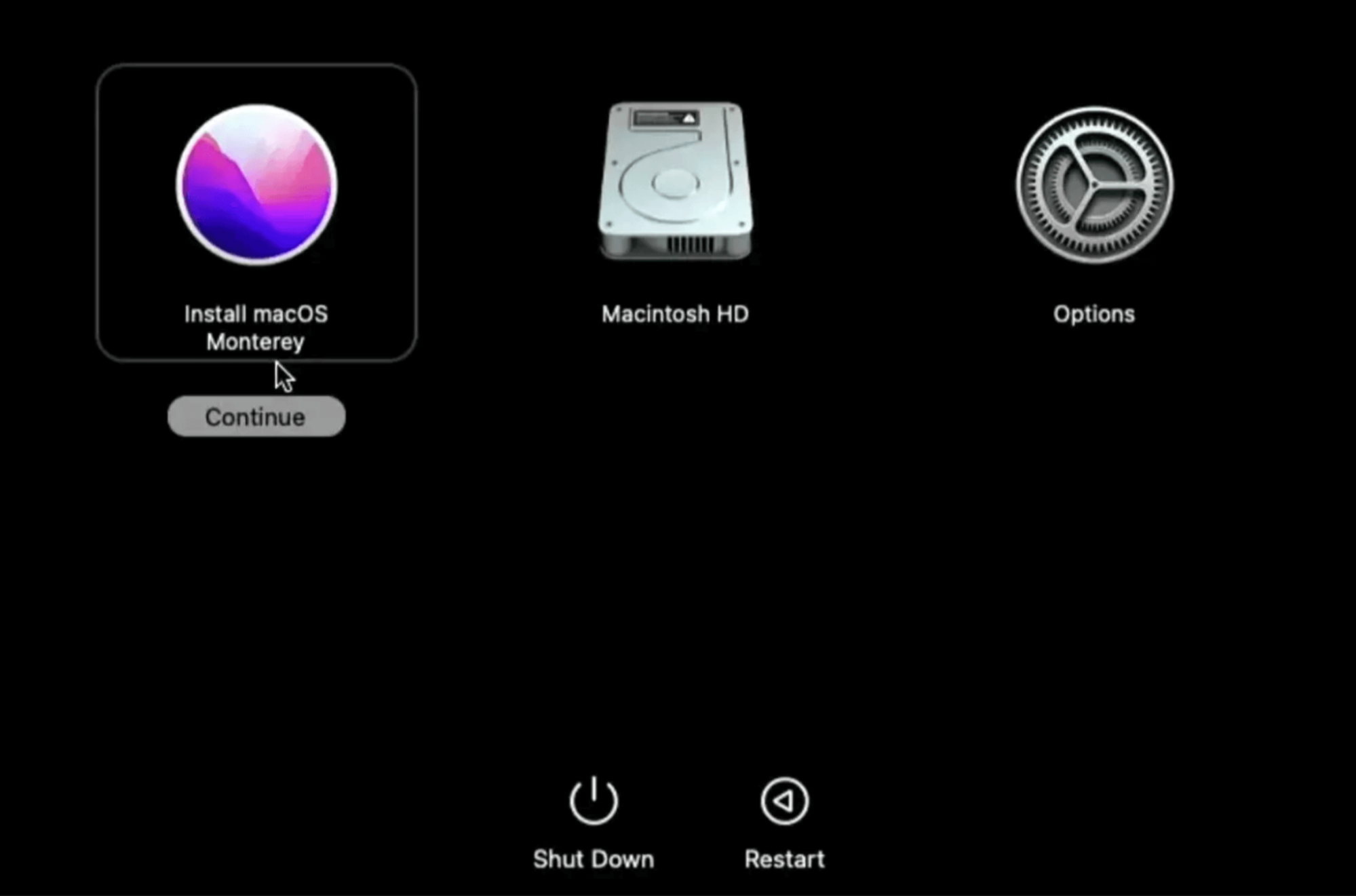 The Install macOS Monterey option on Mac. Boot from your USB drive to install the macOS Monterey upgrade on your Macintosh HD.