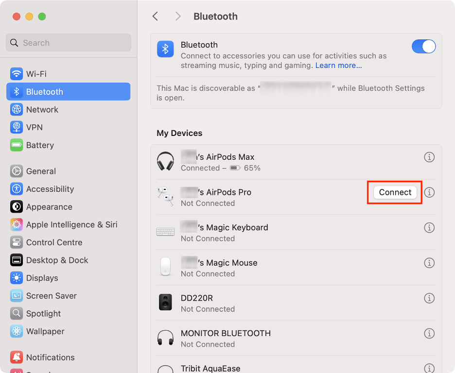 To connect your Bluetooth devices again with your Mac running macOS Sequoia, click the Connect button next to your devices.