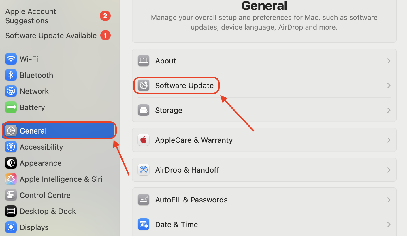 In System Settings, navigate to General > Software Update to check for and install the latest macOS updates.