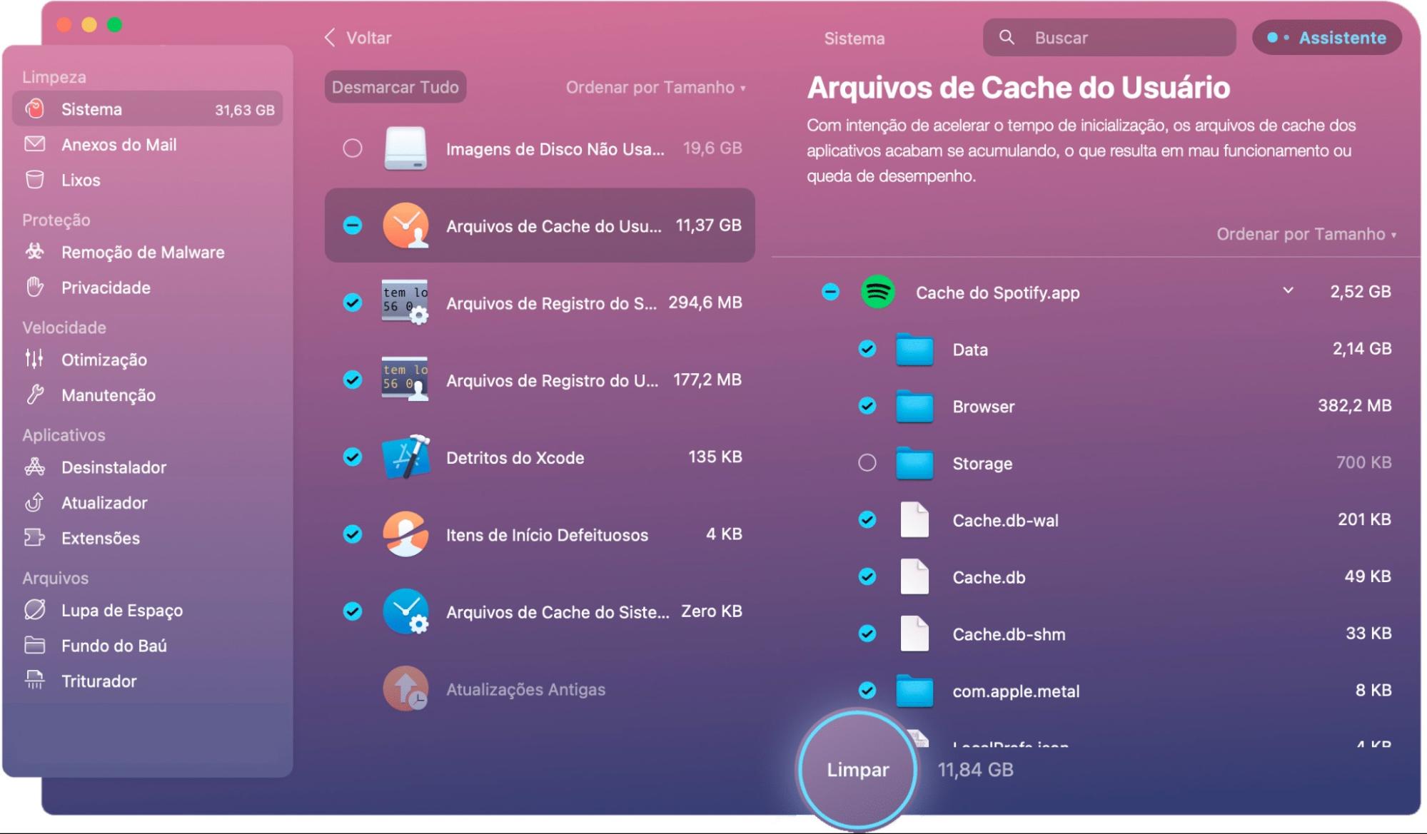 Você também pode localizar arquivos de cache do usuário com o recurso Limpeza do Sistema do CleanMyMac. O resultado da verificação organiza os arquivos encontrados em categorias, facilitando a identificação dos diferentes tipos de arquivos desnecessários.
