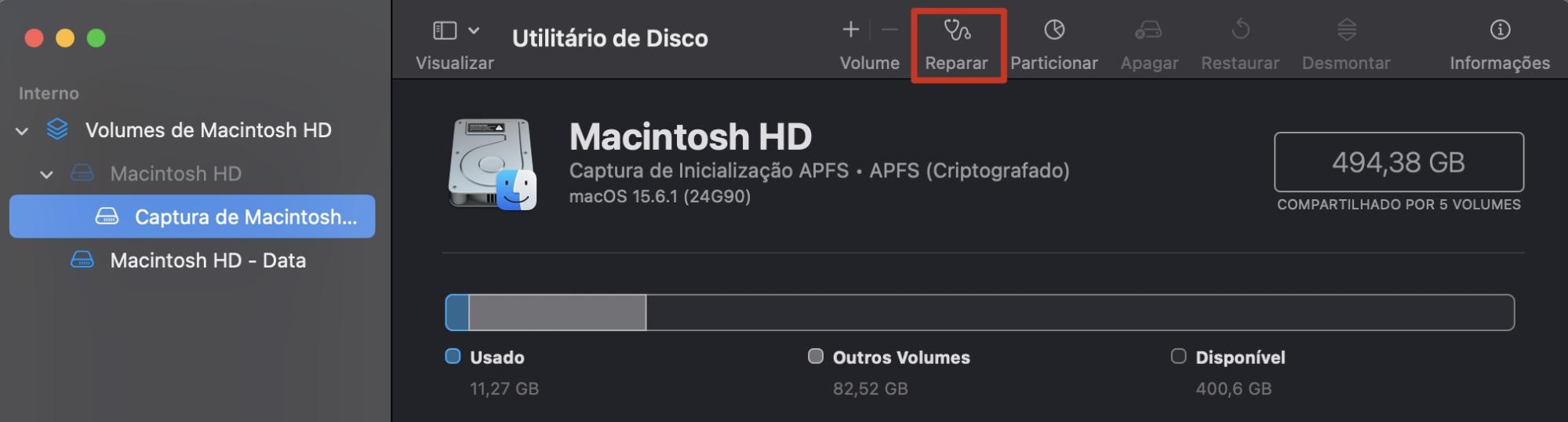 Depois de selecionar o disco do sistema, você precisará ir para Reparar. Fica no canto superior direito. Após isso, você pode continuar o processo de reparo no disco do seu Mac.
