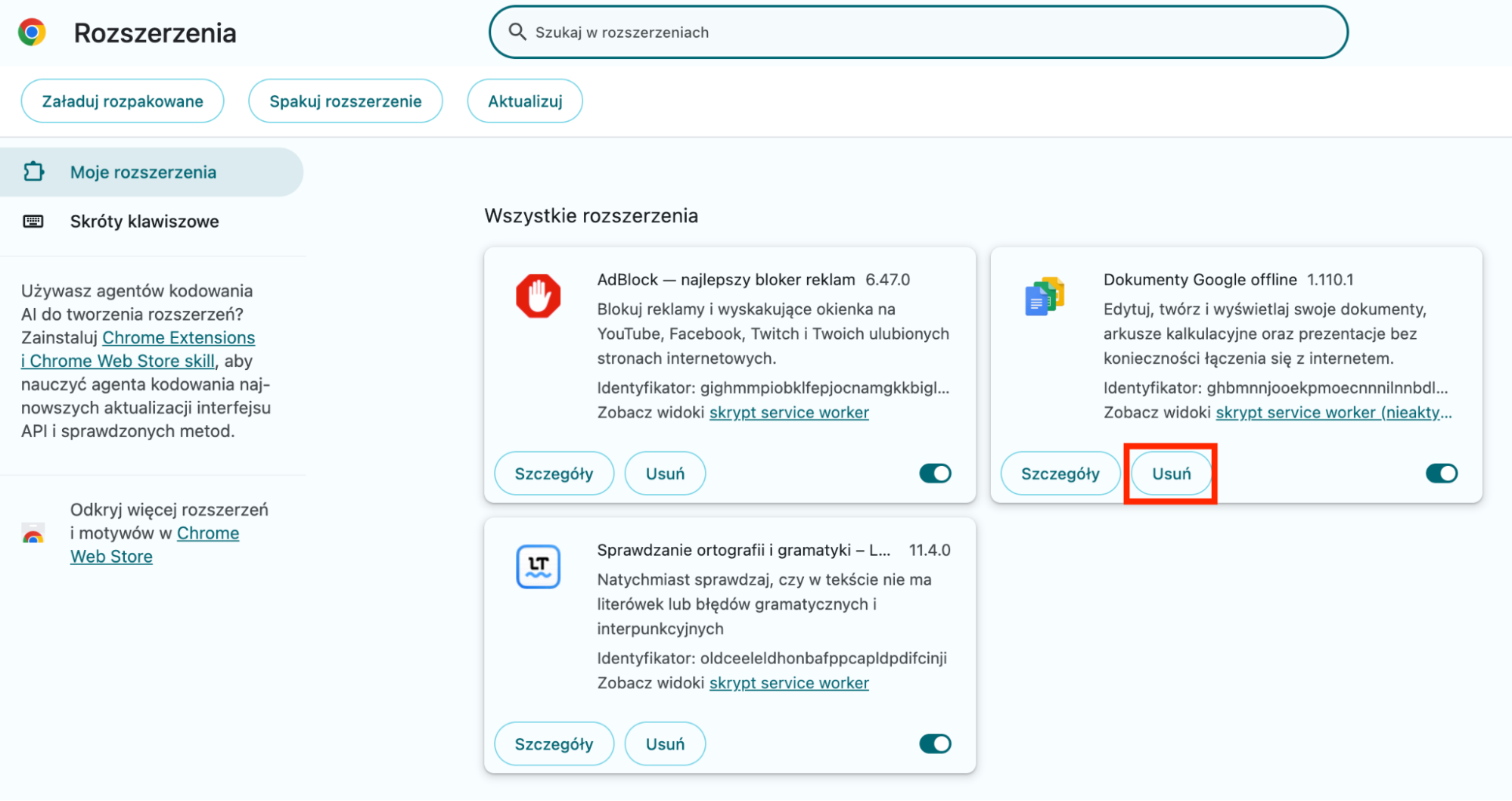 Po sprawdzeniu strony głównej Chrome czas przyjrzeć się rozszerzeniom. Wybierz Rozszerzenia z menu bocznego, a następnie kliknij przycisk Usuń przy rozszerzeniu.