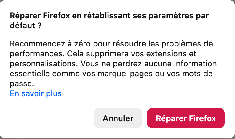 Sous-fenêtre de Firefox pour réparer ce navigateur sur Mac. Comment réparer Firefox : guide pour bloquer les fausses alertes McAfee sur Mac.