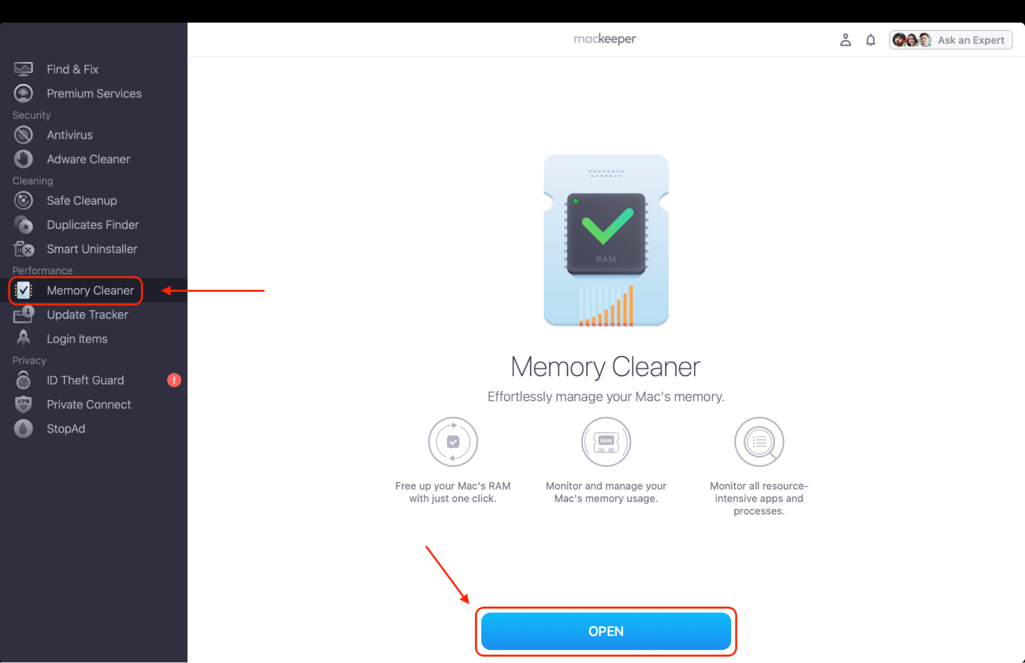 Open the MacKeeper app on your Mac, go to the Memory Cleaner feature in the sidebar, and click Open to prepare it for freeing up your RAM.