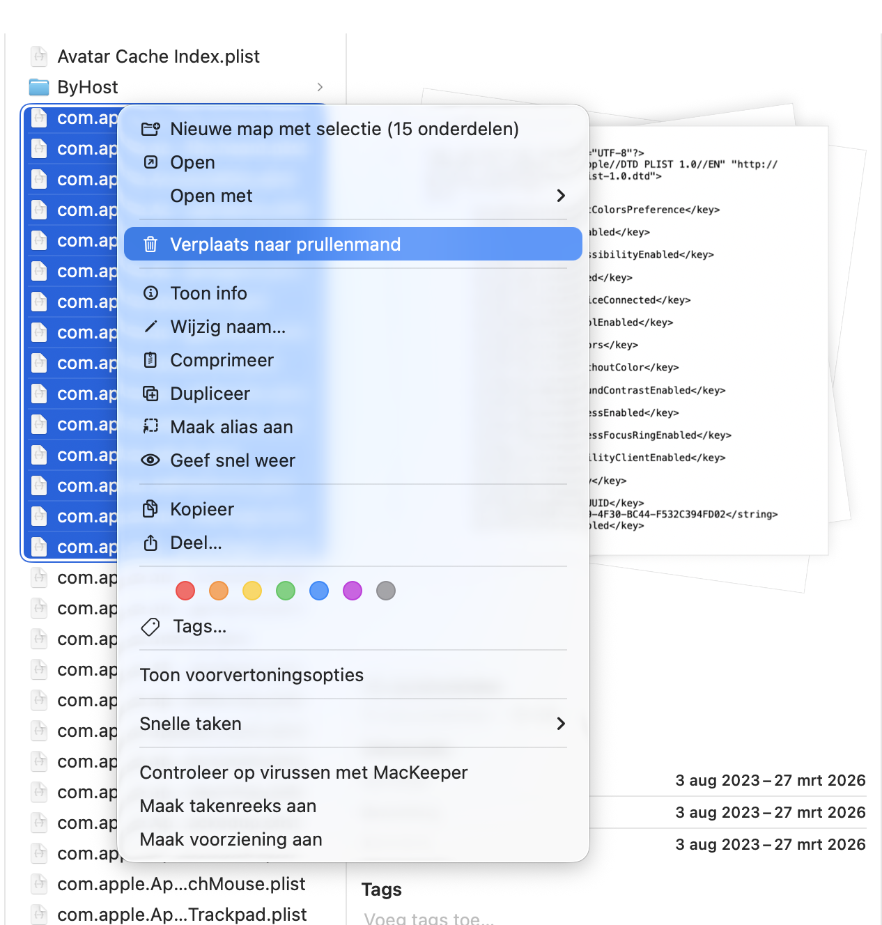 De map ‘Voorkeuren’ in Finder op de Mac. Selecteer bestanden die beginnen met ‘com.apple.Safari’ en verwijder ze.