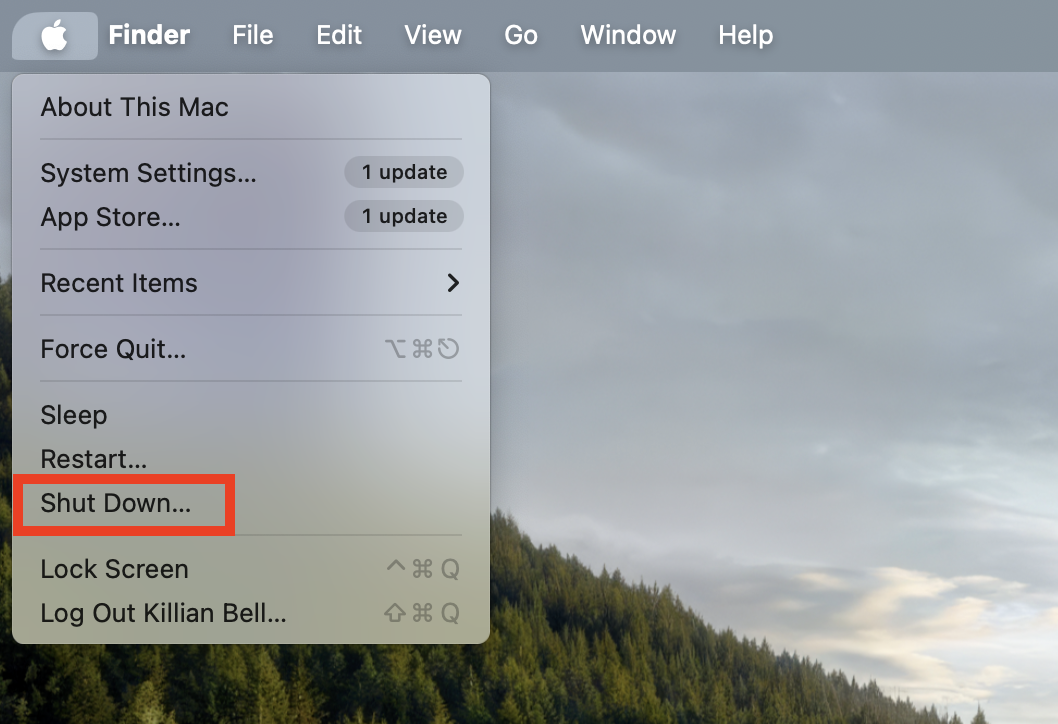 The Shut Down option in the Apple menu on Mac. You can fix no startup disk issues by first booting into Recovery mode.