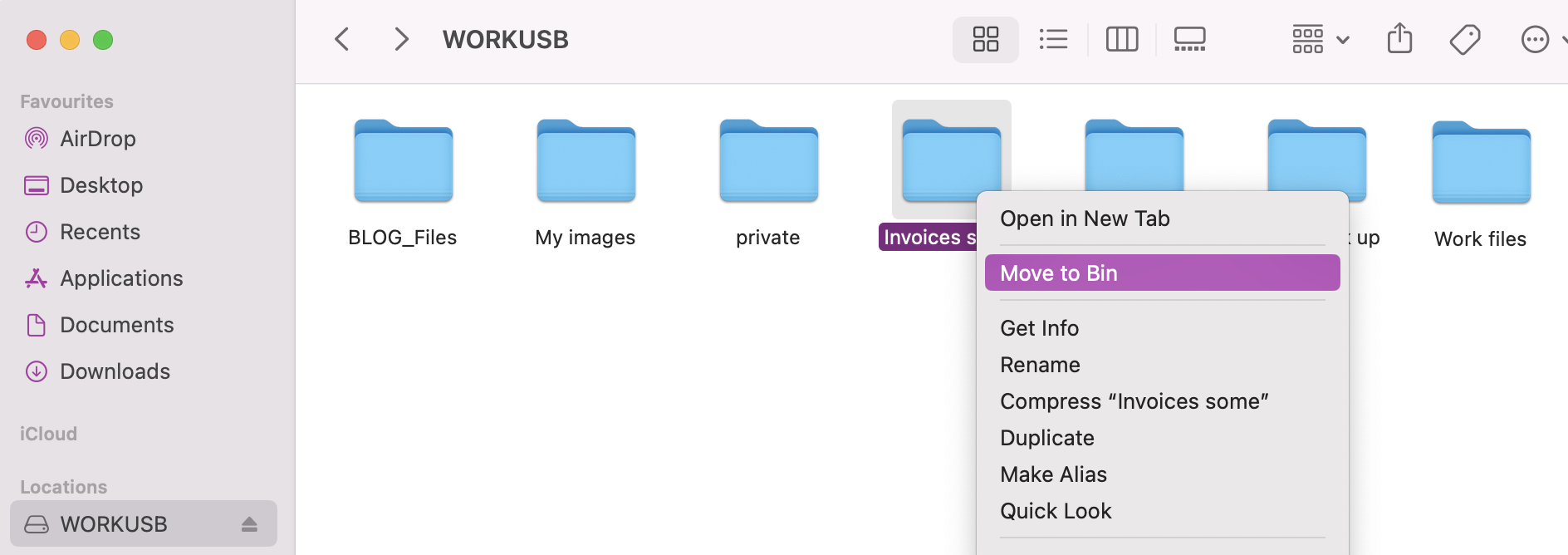 If you're running low on space, you can go to Finder and open the contents of your hard drive to look for any hidden or large files you no longer need. Right-click and press Move to Bin to free up space.