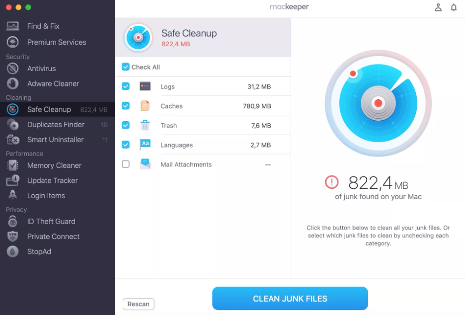To gain a smoother performance on your MacBook before you use it as a monitor, choose the folders on MacKeeper’s Safe Cleanup.