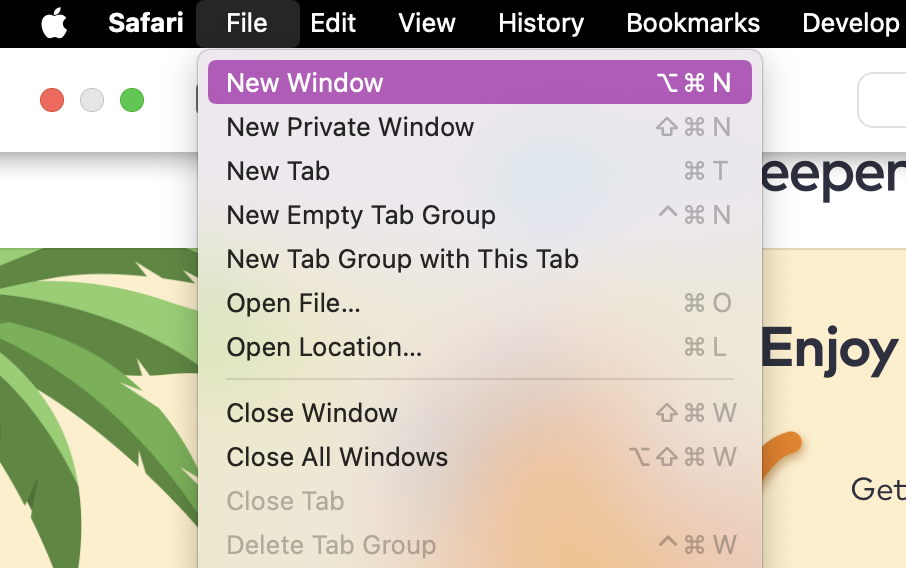 Begin by opening up Safari and clicking on File > New Window. Make sure to have the two windows you want open, ready to split-screen.