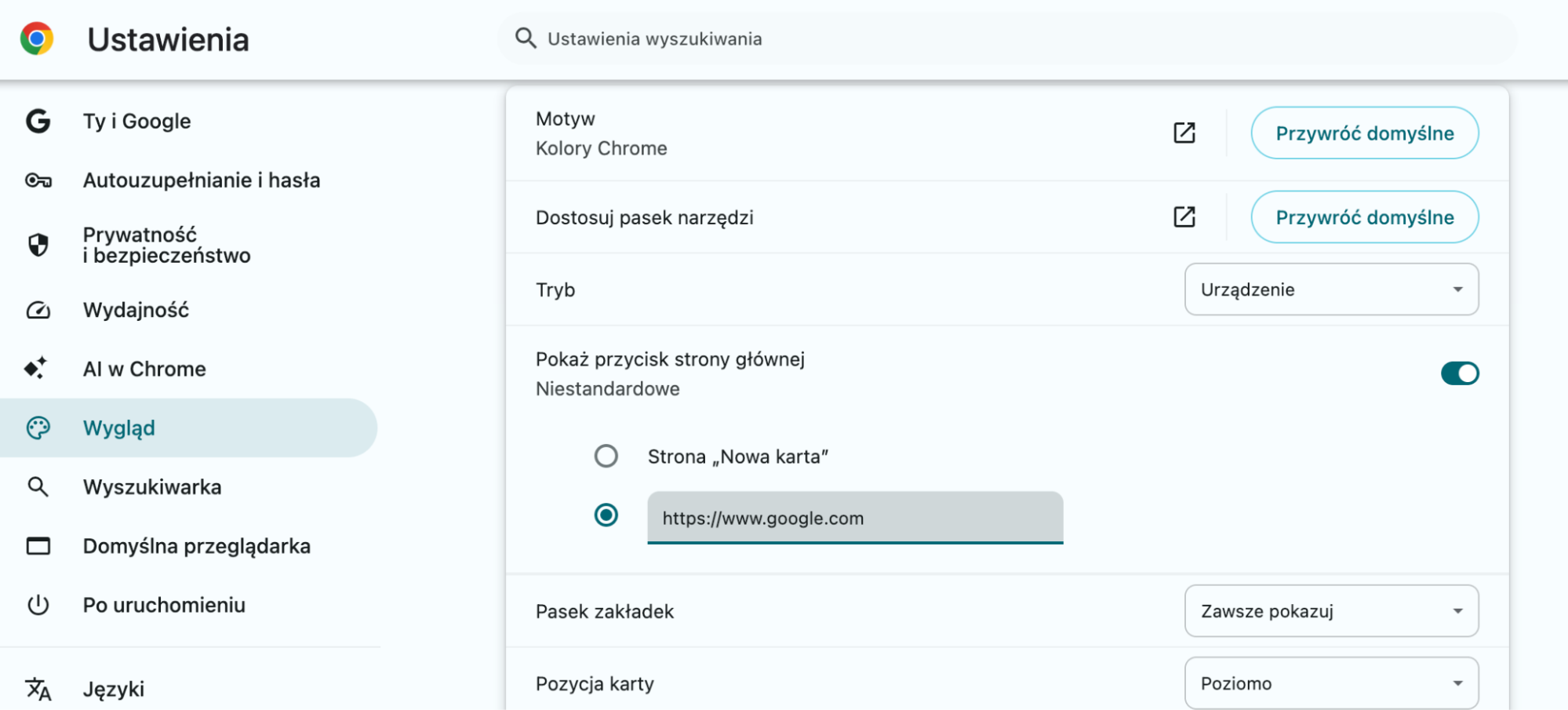 W sekcji Wygląd > Pokaż przycisk strony głównej możesz ustawić, dokąd kieruje przycisk strony głównej. Jeśli adres URL jest nieprawidłowy, możesz go tutaj zmienić.