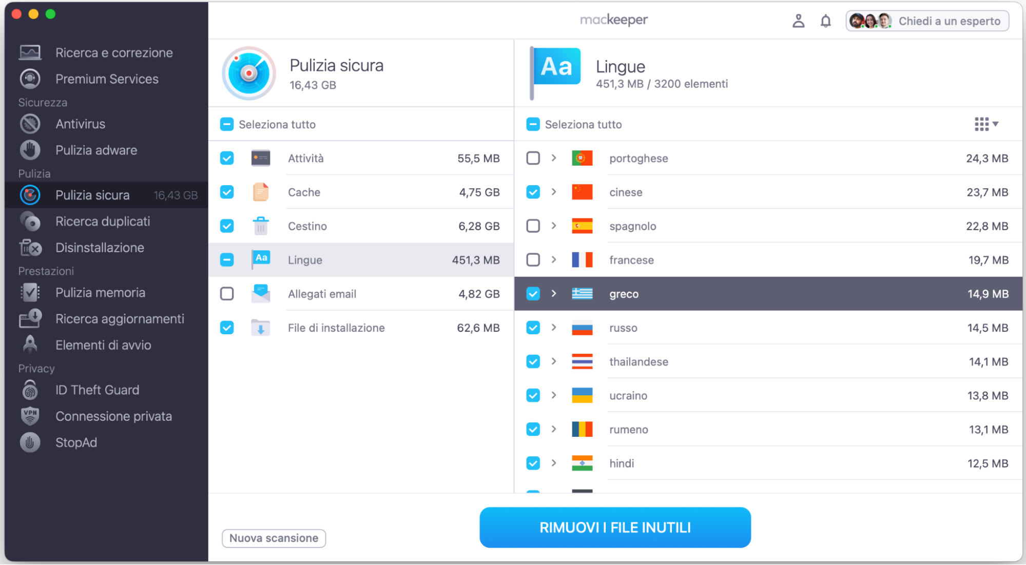 Nella sezione Lingue di Pulizia Sicura di MacKeeper, seleziona le caselle delle lingue da eliminare e fai clic su Rimuovi i file inutili.