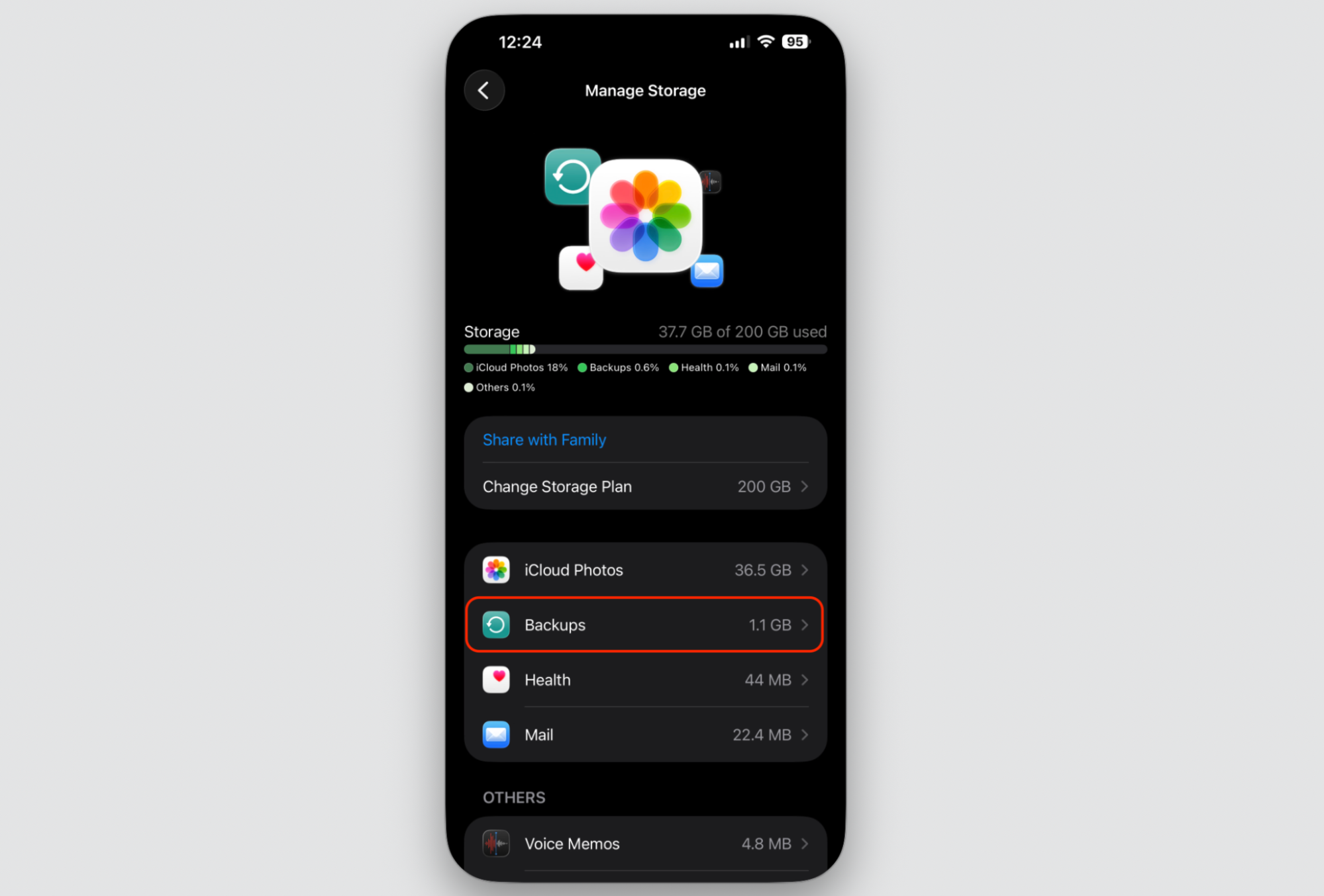 Manage Storage screen on an iPhone showing iCloud categories, with Backups tapped to view the old device backups saved to iCloud.