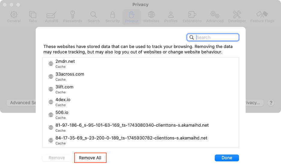 To resolve the application is not open anymore error in Safari, click Remove All on your Mac.