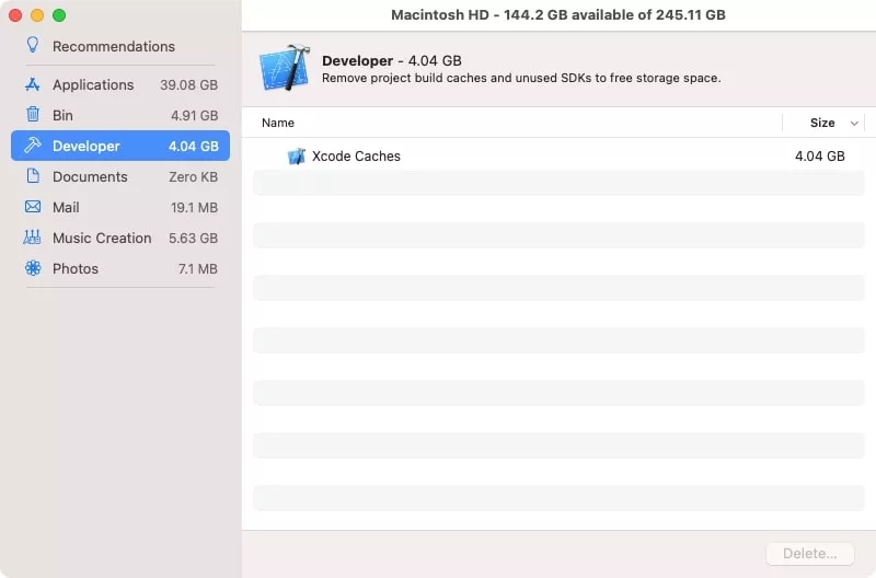 storage recommendations developer tab