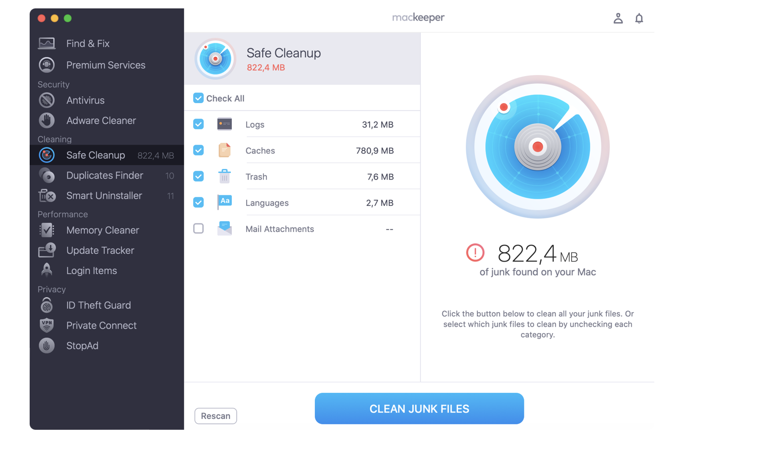 After your Mac has found the various junk files on your device, you can review them. When you're ready to delete, tap Clean Junk Files. After your Mac has found the various junk files on your device, you can review them. When you're ready to delete, tap Clean Junk Files.