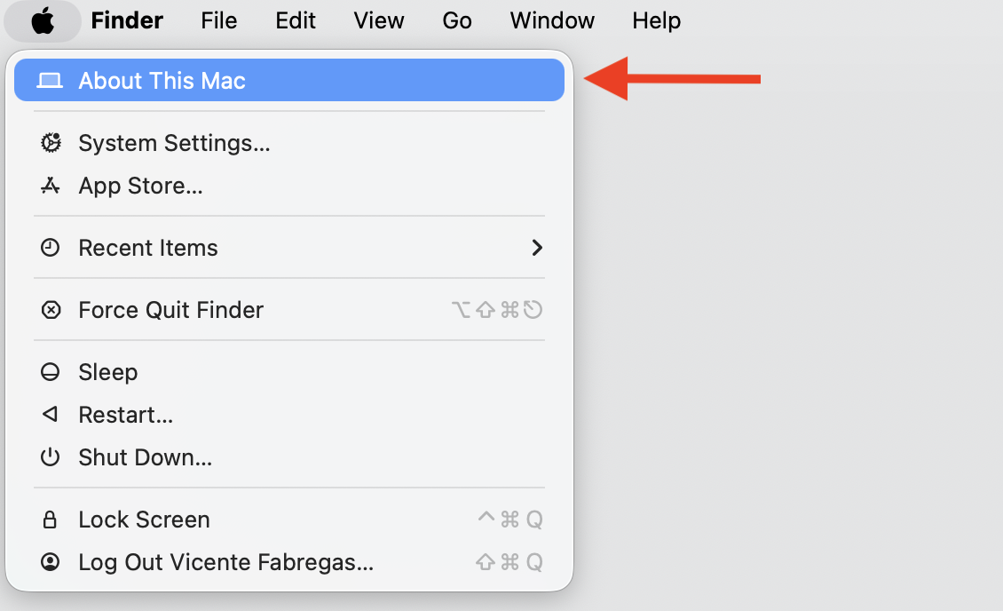 Apple menu open on a Ventura MacBook with About This Mac highlighted, the first step to check macOS compatibility for your Mac.