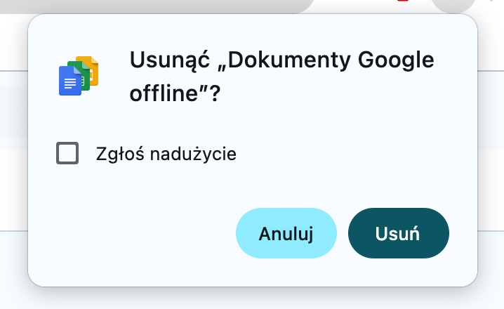 Na koniec, aby usunąć rozszerzenie, kliknij przycisk Usuń widoczny w wyskakującym oknie. Usuń wszystko, co wydaje się podejrzane lub czego instalacji nie pamiętasz.
