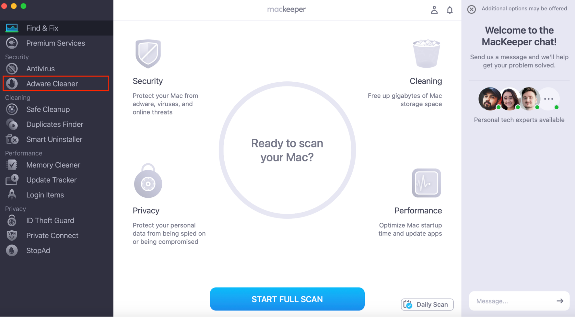 To get rid of the Mac warning will damage your computer, you can run an adware scan. Open MacKeeper and choose Adware Cleaner.