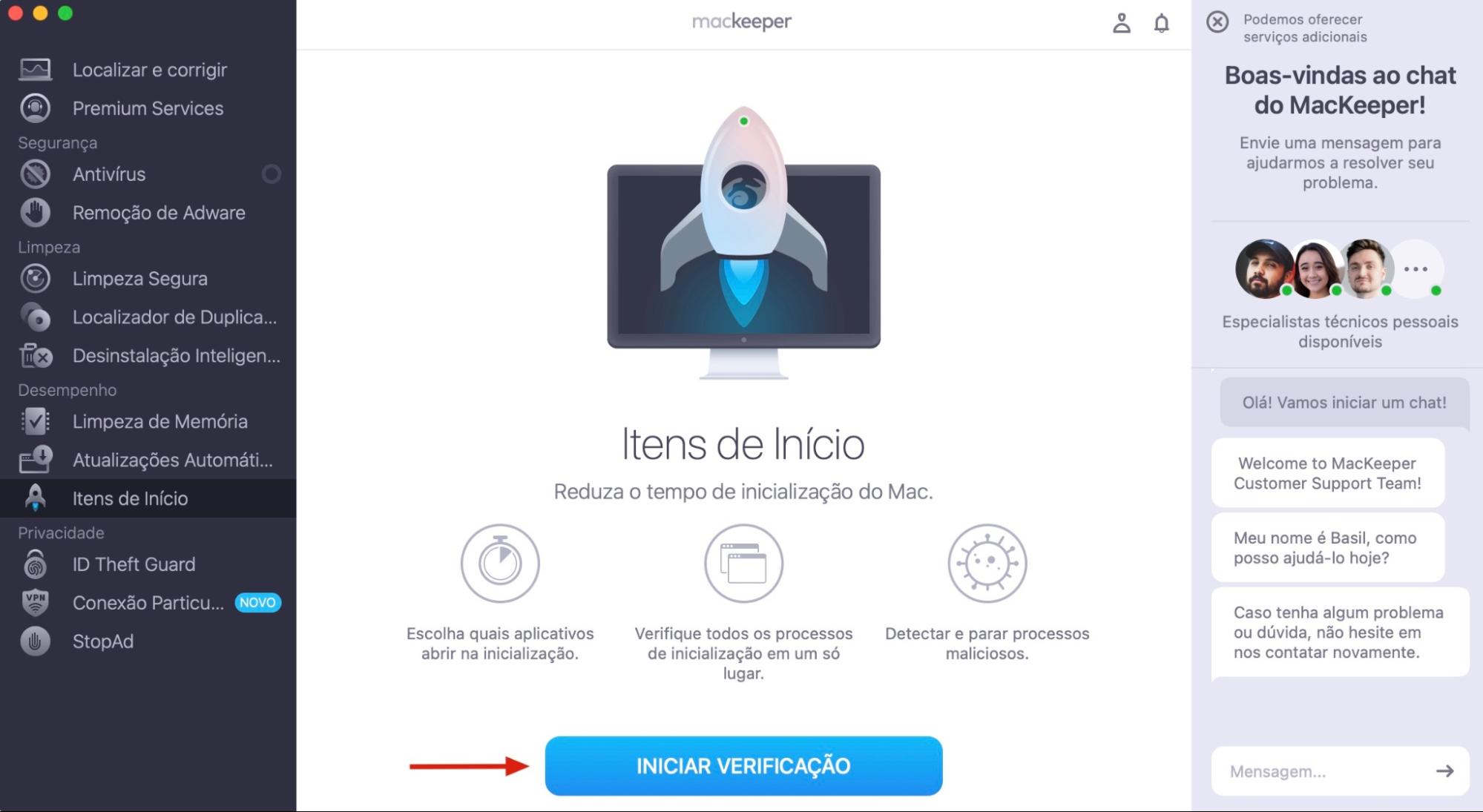 Remova itens de início de forma eficaz com a ferramenta Itens de Início do MacKeeper. Selecione Desempenho > Itens de Início, antes de escolher o botão Iniciar Verificação para começar a busca.