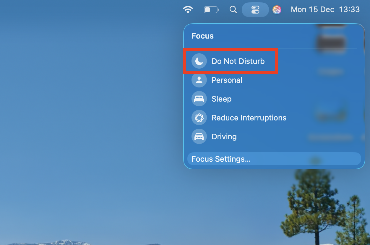 Do Not Disturb mode inside the Focus options on Mac. If you're wondering how to silence notifications on Mac, open Focus mode and click Do Not Disturb to enable it.