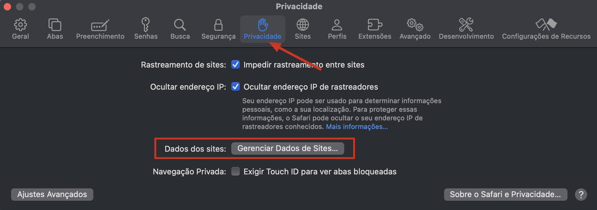 O menu Ajustes dentro do Safari para Mac exibindo o menu Privacidade. Clique em Gerenciar Dados de Sites para redefinir o navegador para as configurações padrão.