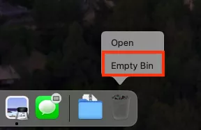 The right-click menu over the Trash icon on Mac. Click Empty Trash to remove all Bundlore virus apps that have been deleted.