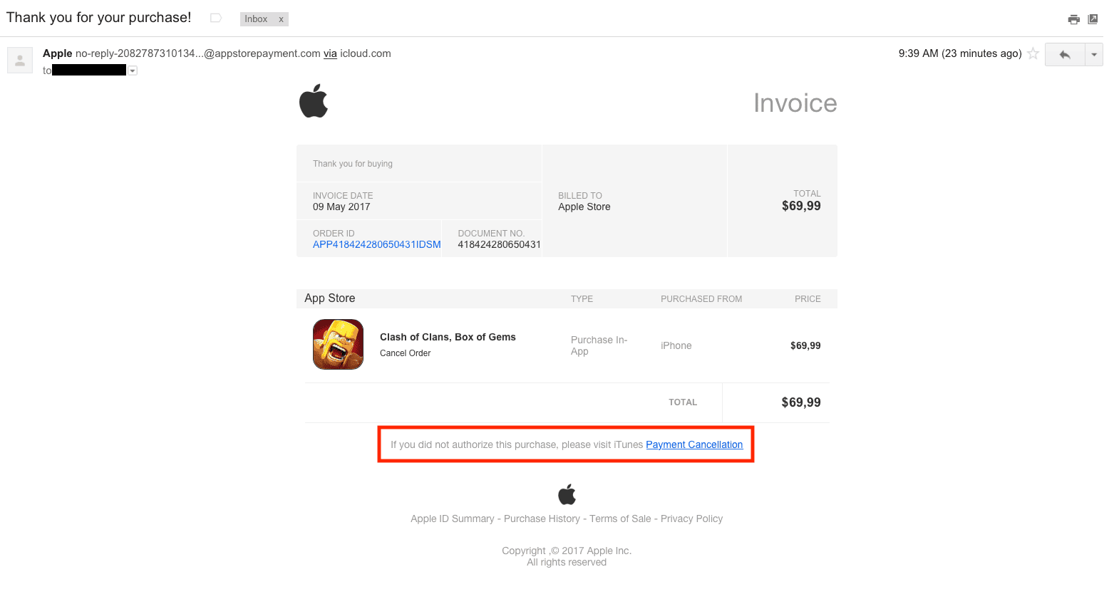 Last but not least Apple ID scam type is an Apple ID receipt email. Here's the case of the fake Apple invoice, which is pictured with a payment cancellation link. Last but not least Apple ID scam type is an Apple ID receipt email. Here's the case of the fake Apple invoice, which is pictured with a payment cancellation link.