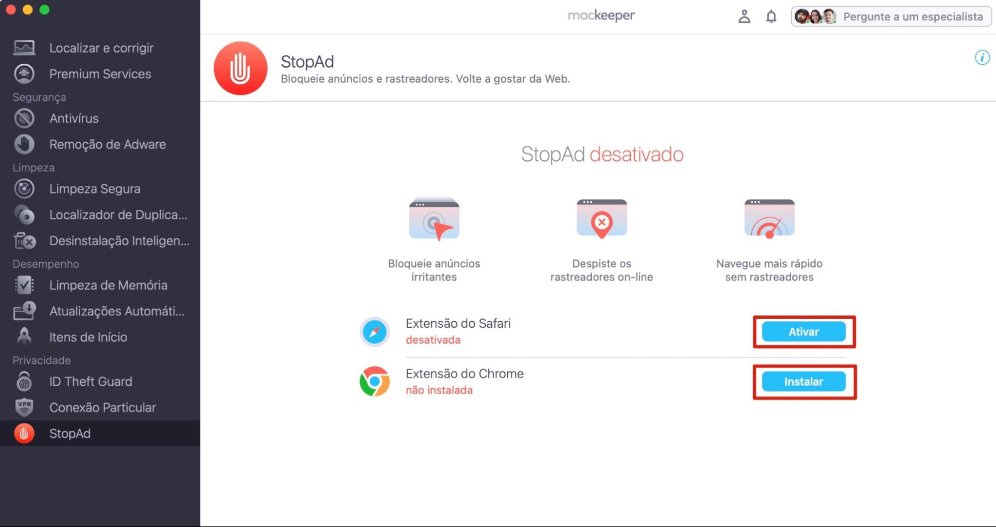 StopAd do MacKeeper, com Instalar e Ativar destacados ao lado do Chrome e Safari. Usando bloqueadores de anúncios, parte de um guia sobre como parar pop-ups falsos do McAfee no Mac.
