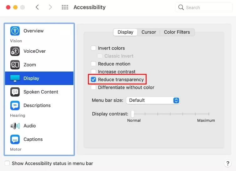 display reduce transparency option ticked