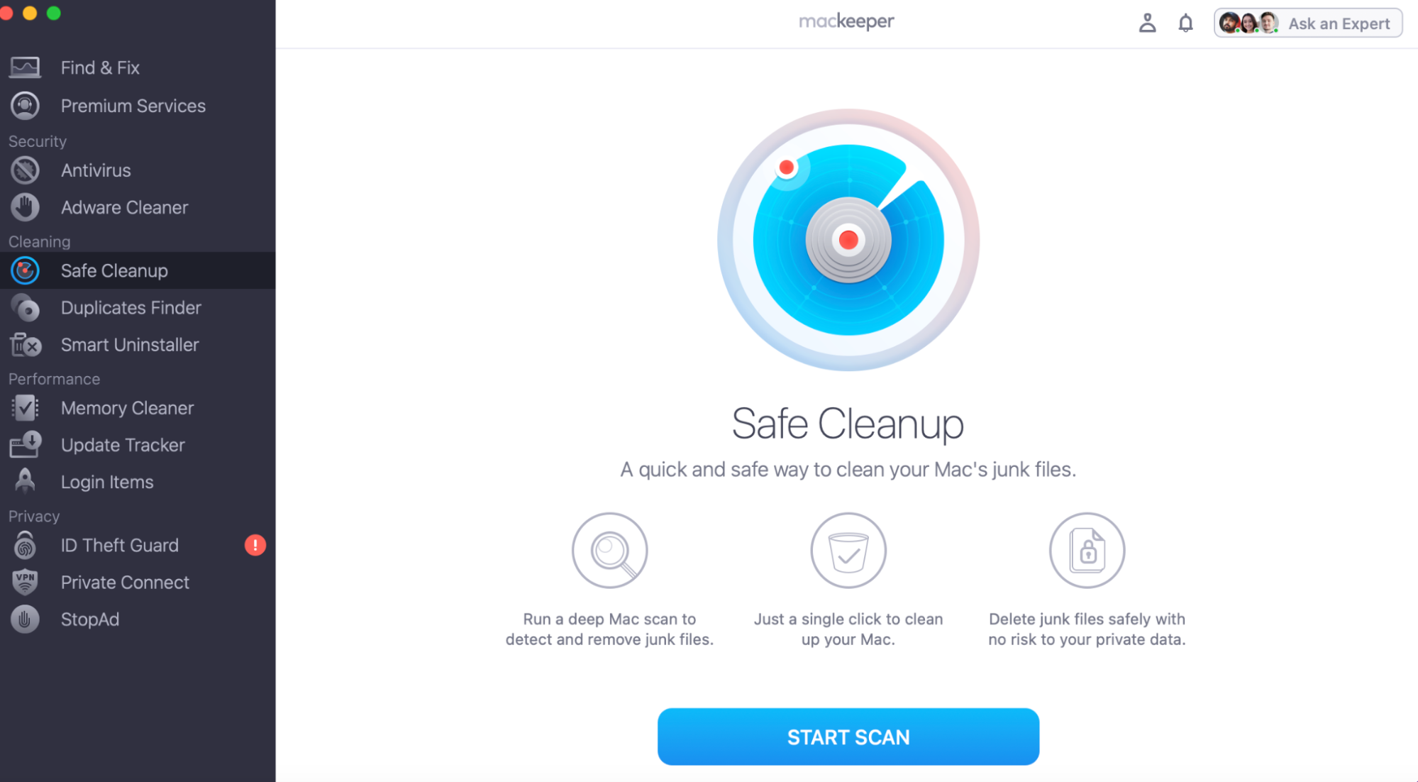 The second method you can apply to clear Safari cache is by using a third-party app like MacKeeper. All you need to do is download and open MacKeeper and select the Safe Cleanup tool. Then click the Start Scan button.