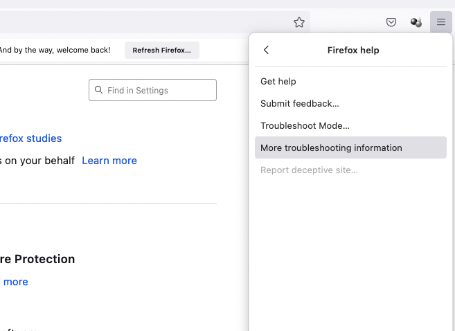 Troubleshooting option in Firefox menu
