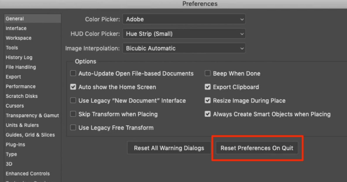 The Photoshop preferences menu on Mac displaying the General section. Click Reset Preferences on Quit to clear Photoshop's preferences. The Photoshop preferences menu on Mac displaying the General section. Click Reset Preferences on Quit to clear Photoshop's preferences.