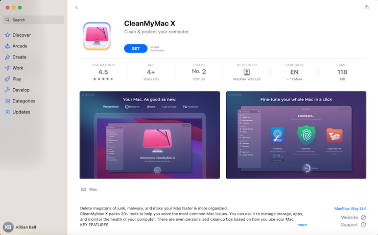The App Store on Mac showing CleanMyMac X available to download for free. Click the blue Get button to install it. The App Store on Mac showing CleanMyMac X available to download for free. Click the blue Get button to install it.