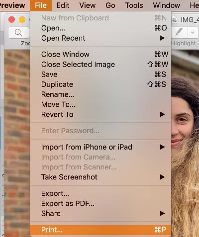 file menu in Preview app with print button in the drop-down menu