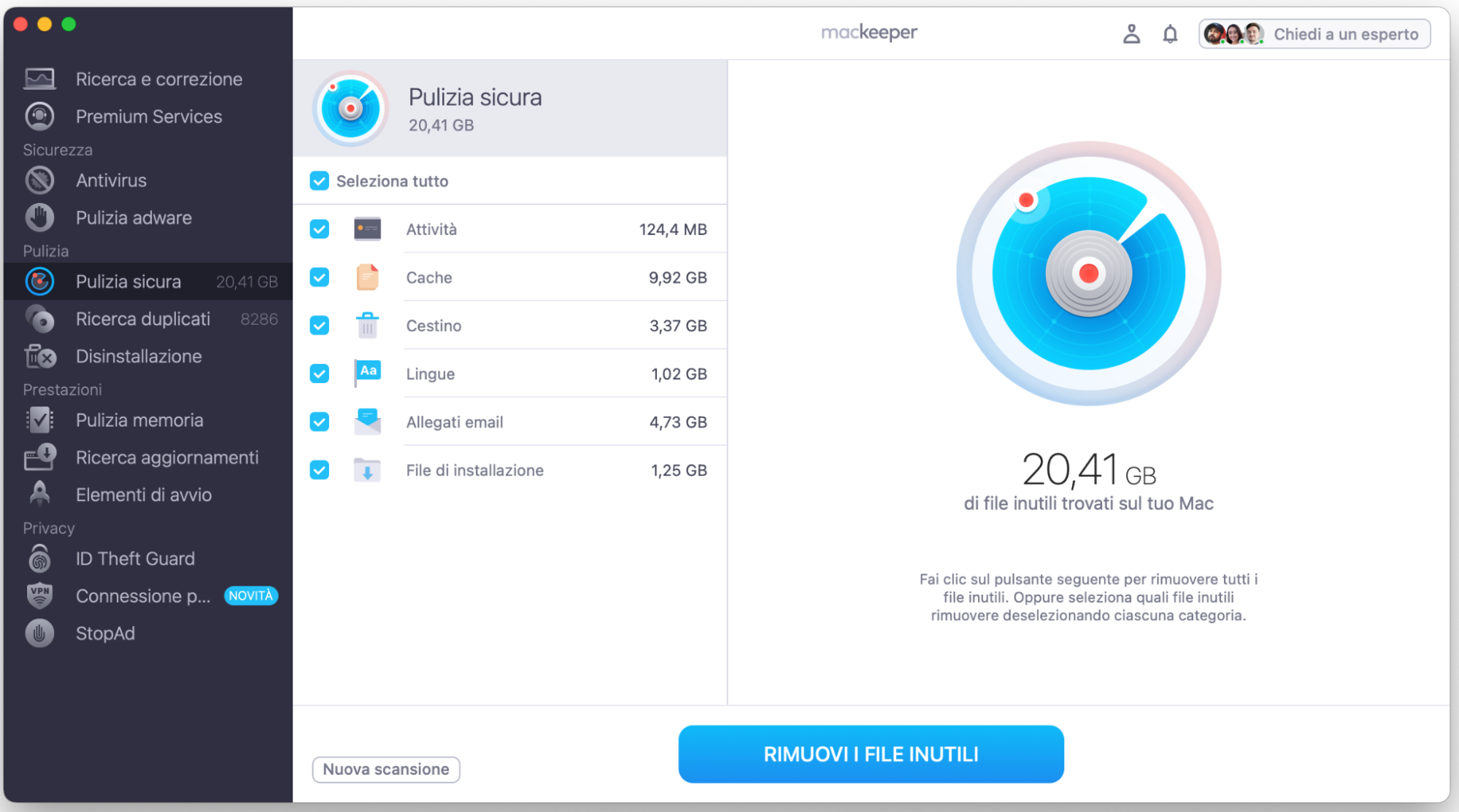 Quando la scansione di Pulizia Sicura di MacKeeper è completata, controlla i risultati e seleziona ciò che vuoi eliminare. Clicca su Rimuovi i file inutili.