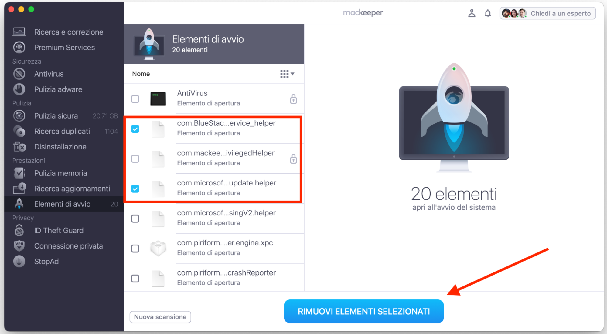 Il tuo Mac inizierà a cercare gli elementi di avvio presenti sul dispositivo. Una volta trovati, spunta le caselle accanto a quelli che vuoi eliminare. Poi fai clic su Rimuovi elementi selezionati.