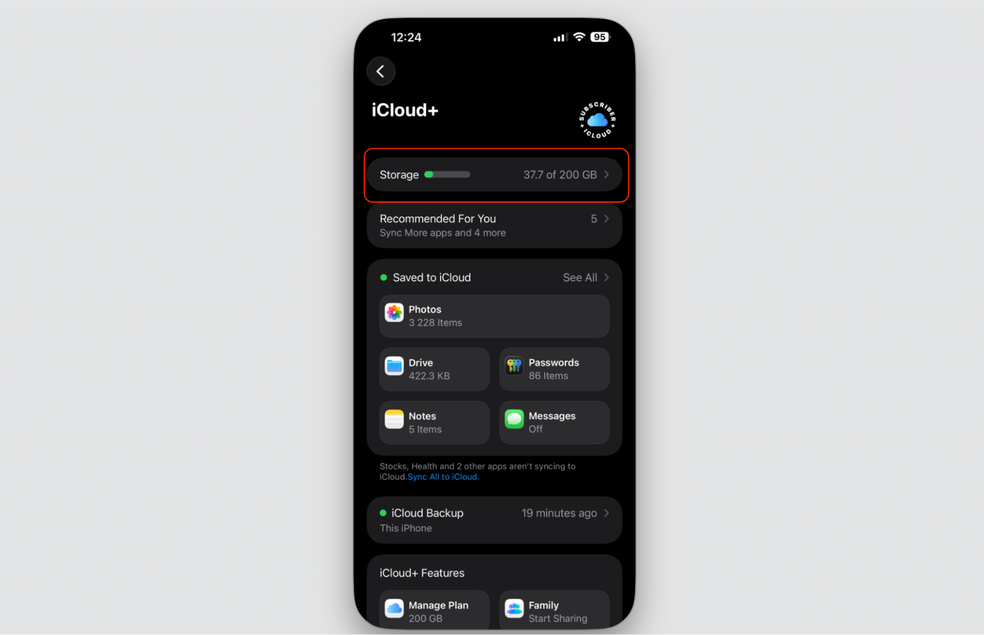 iCloud+ screen in iPhone Settings with the Storage row tapped to open iCloud storage details before deleting old device backups.