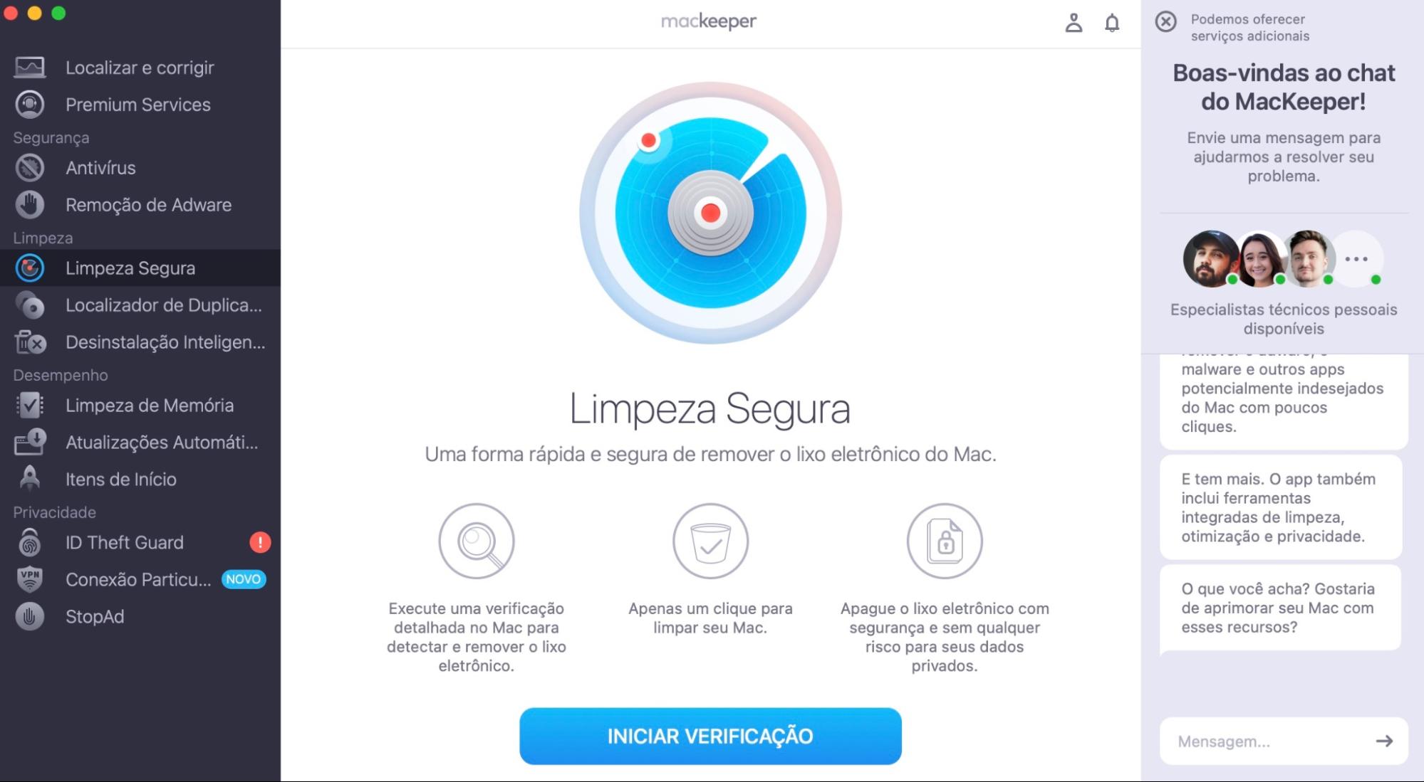 Para limpar a categoria Outros no armazenamento do seu Mac e liberar espaço, use a Limpeza Segura do MacKeeper. Abra o MacKeeper e selecione Limpeza Segura no menu à esquerda, depois clique no botão Iniciar Verificação.