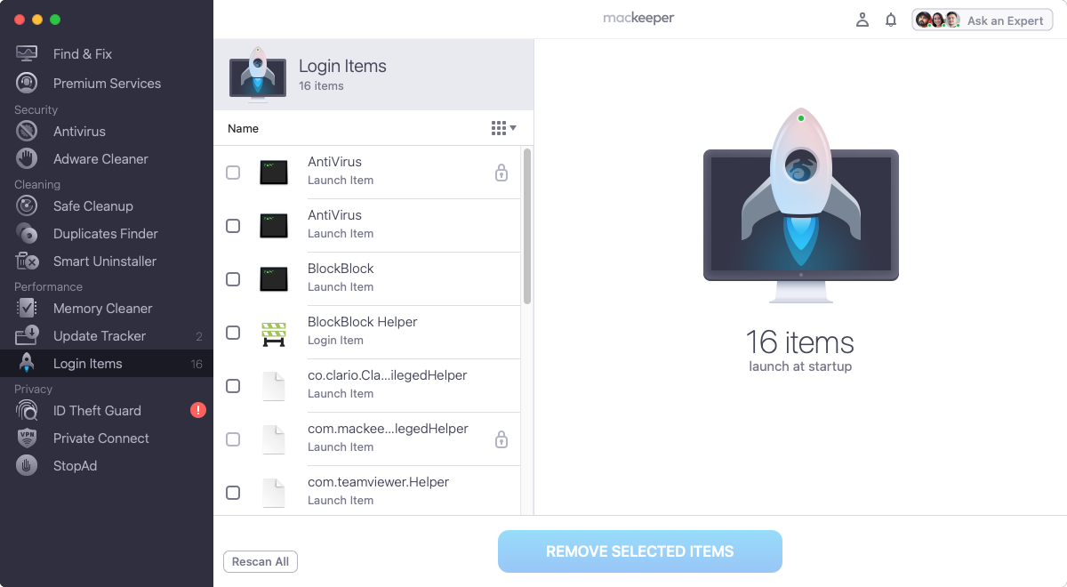 Once you have allowed the scan to finish, review your list of startup applications, ticking any you no longer need. Then press Remove Selected Items.