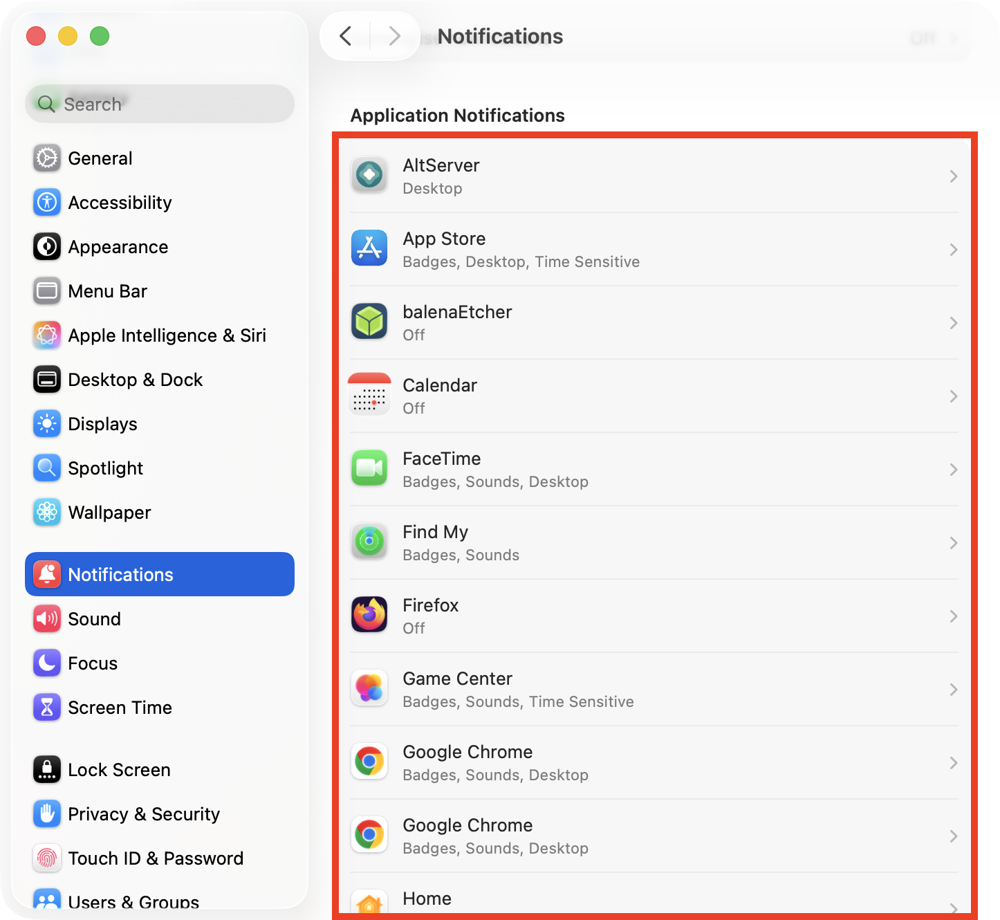 A list of apps inside the System Settings > Notifications menu on Mac. If you're wondering how to silence notifications on Mac, first select an app and then change its notification settings.