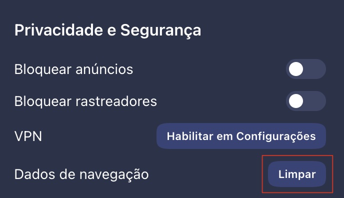 O Opera no Mac mostra o menu de ajustes. Em Privacidade e Segurança, clique no botão Limpar para remover os arquivos de cache.