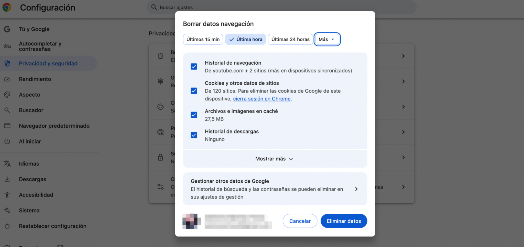 El cuadro de diálogo Borrar datos de navegación de Chrome, con las opciones avanzadas mostradas. Cómo restablecer Chrome, como parte de una guía sobre cómo eliminar las ventanas emergentes falsas de McAfee en Mac.